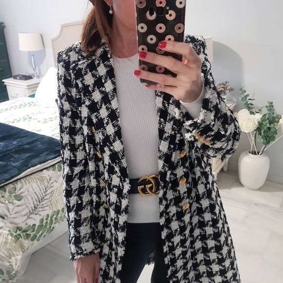 NWT Zara Houndstooth Double Breasted Tweed Coat - Picture 6 of 7